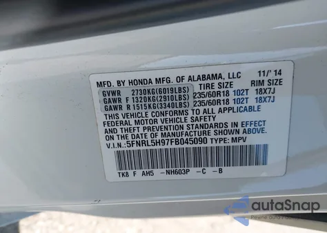 2015 Honda Odyssey Touring/Touring Elite z USA, uszkodzony, nr VIN 5FNRL5H97FB045090